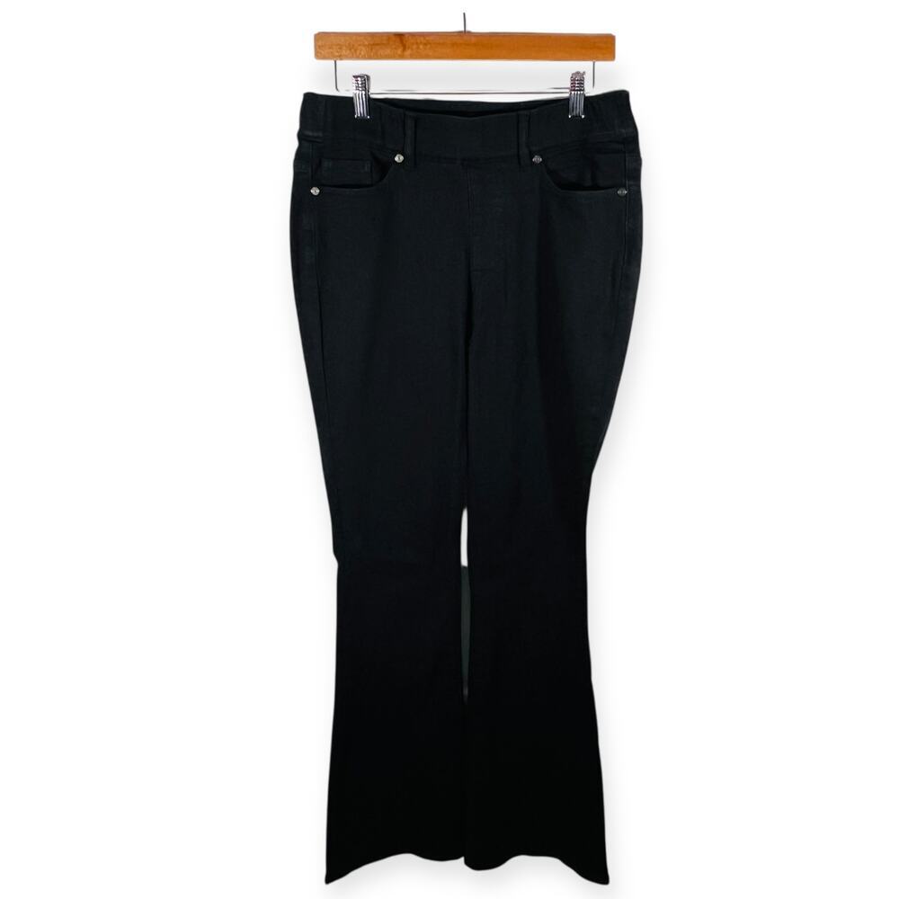 Susan Graver Black High Rise Flare Jeans Pull On Stretch Denim 10 Tall New - Picture 2 of 9
